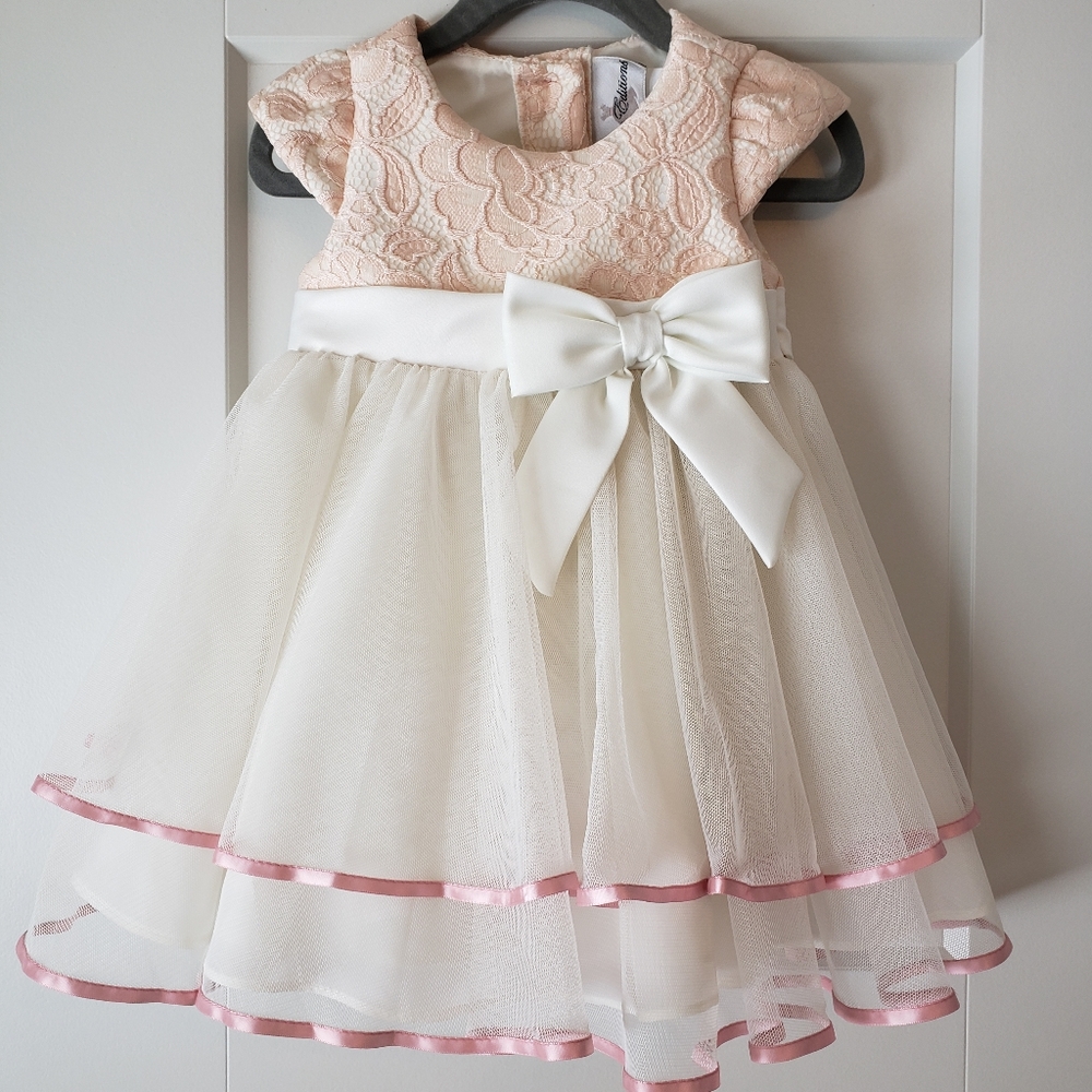 Rare Edition Baby Girl Size 12 Months Ivory, Pink, and White Dress with Bow